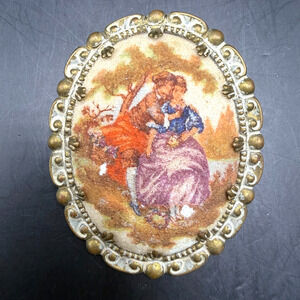 Vintage West Germany Romantic Scene Brooch Reverse Painted Foil Glass Cabochon